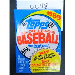 Six (6) Unopened Packs of 1989 Topps Baseball Cards, 15 cards and 1 stick of gum per pack, all one $