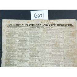 1824 American Statesman and City Register, Boston, Four page newspaper. Guaranteed 191 Years Old!