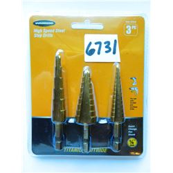 NEW IN PACKAGE, Three Piece High Speed Steel Step Drill Set, Titanium Nitride Coated, by Warrior