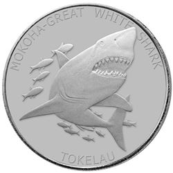 2015 One Ounce .999 Fine Silver Tokelau Great White Shark Coin, One Ounce Fine Silver