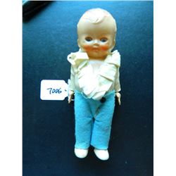 6.75" Pedigree hard plastic boy doll, Made in England, OLD! missing hat and belt, clothes look worn