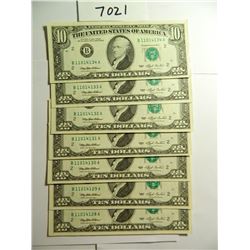 Seven (7) Sequentially Numbered 1993 $10 Bills, UNC, All One Money, Nice estate Find!