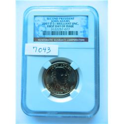 2007-D John Adams $1, Second President, NGC Certified Brillian Unc. First Day of Issue