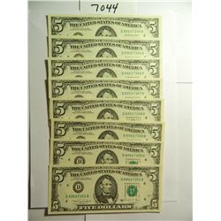 Eight (8) Sequentially Numbered 1988 $5 Bills, UNC, All One Money, Nice estate Find!