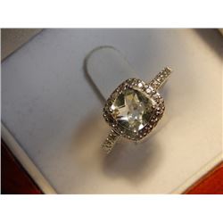RING - WHITE TOPAZ & DIAMOND DINNER RING - SET IN STERLING SILVER - CUSHION CUT.