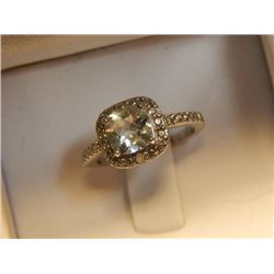 RING - WHITE TOPAZ & DIAMOND DINNER RING - SET IN STERLING SILVER - CUSHION CUT.