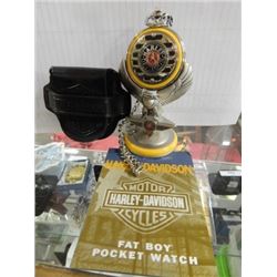 HARLEY DAVIDSON POCKET WATCH SET - INCLUDES WATCH AND LEATHER BELT POCKET TO CARRY AND STAND