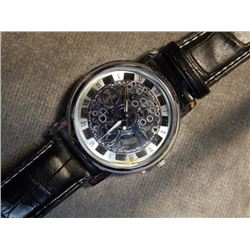 WATCH - NEW MEN'S SKELETON 2-SIDED WATCH - WITH BLACK LEATHER STRAP