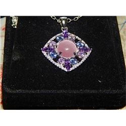 NECKLACE - AMETHYST PINK KUNZITE & TIGER EYE SET IN STERLING SILVER - ON SILVER CHAIN