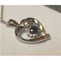 NECKLACE - HEART CUT BLUE SAPPHIRE PENDANT - WITH GENUINE DIAMOND AND SAPPHIRE - SET IN STERLING SIL