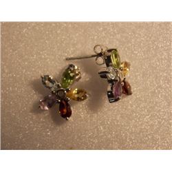 EARINGS - NEW - MULTI-GEMSTONE FLOWER EARRINGS WITH DIAMONDS - POST & BUTTERFLY BACKS - STERLING SIL