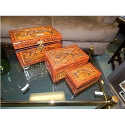 NEW ORNATELY CARVED JEWELERY BOXES - 2 LOCKS - - BRASS ACCENTS - 3 PC PER SET