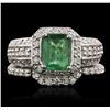 Image 2 : 14KT White Gold 1.20ct Emerald and Diamond Wedding Set