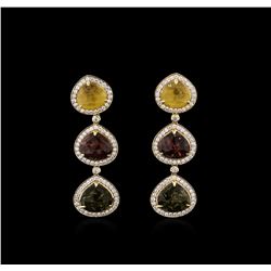 20.15ctw Multicolor Tourmaline and Diamond Earrings - 14KT Yellow Gold