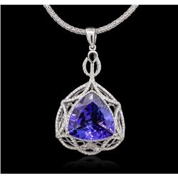 14KT White Gold 11.31ct GIA Certified Tanzanite and Diamond Pendant With Chain