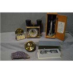 Selection of collectibles and oddities including clocks, binoculars, natural amethyst, microscope et