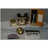 Image 1 : Selection of collectibles and oddities including clocks, binoculars, natural amethyst, microscope et
