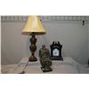 Image 1 : A simulated bronze urn style table lamp, a Devonware bronze style sculpture and a modern quartz mant