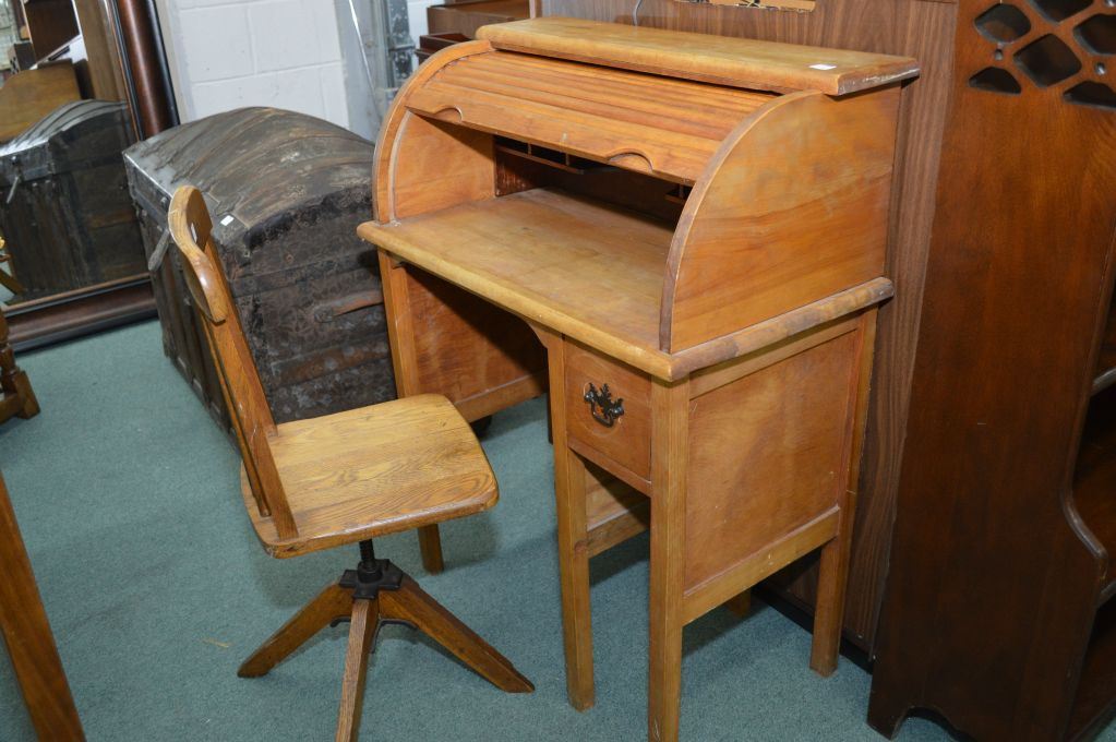 A Child S Size Single Pedestal Roll Top Desk And Chair