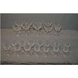 Selection of signed Stuart crystal stems ware including six champagnes, six aperitif, six sherry gla