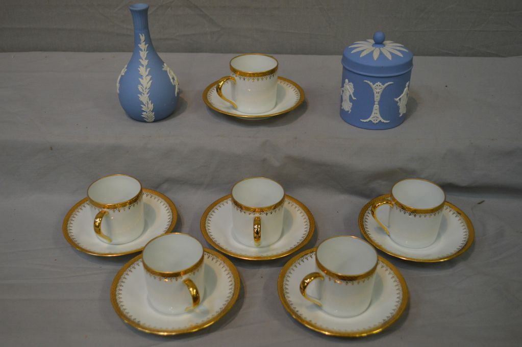 Six Limoges China Demitasses A Small Wedgwood Lidded Jar And