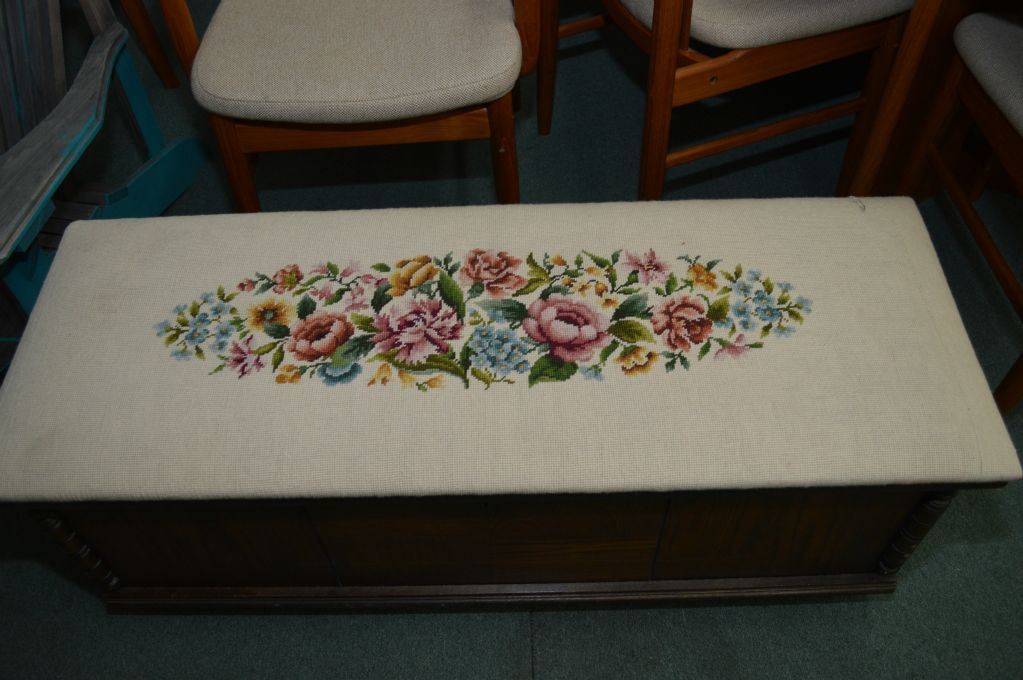 Lane cedar chest with needlepoint upholstered seat