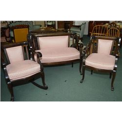 Antique three piece parlour set including settee, armchair and rocker, each newly upholstered includ