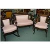 Image 1 : Antique three piece parlour set including settee, armchair and rocker, each newly upholstered includ