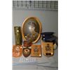 Image 1 : A selection of military collectibles including framed print, hats, shell case, collar box, hats etc.