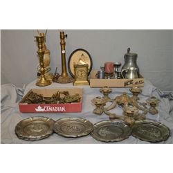 Selection of vintage collectibles including cast, chandelier base, cast lamp, marble lamp, brass car