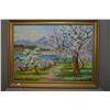 Image 1 : Two framed oil on canvas paintings including Spring mountain orchard scene and a Prairie harvest sce