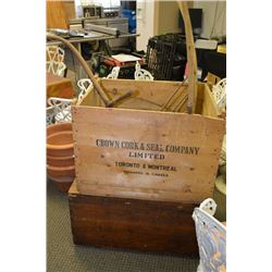 PIne storage box, a Crown Cork and Seal shipping crate and a primitive hay fork