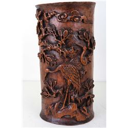 [CHINESE]A LATE 19TH CENTURY BAMBOO CARVED BRUSH POT WITH FLOWERS AND PINE TRESS  L:5" W:4.5" H:9.5"