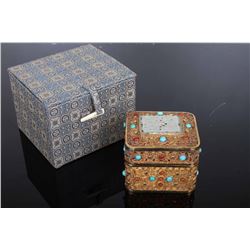 [CHINESE]A LATE 19TH CENTURY GILT SILVER BOX INLAID WITH JADE   L:2.5" W:2.1" H:2.5"