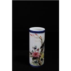 [CHINESE]A "YU CEN"MAREKD LIU YU CEN PAINTED FAMILLE ROSE PORCELAIN BRUSH POT PAINTED WITH BIRDS AND