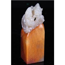 [CHINESE]A LATE 19TH CENTURY SHOUSHAN STONE CARVED SEAL WITH KYLIN W:1.25" H:3.75"