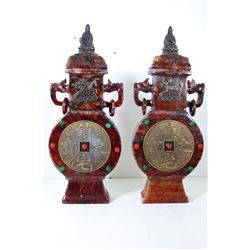 A "ZHEN ZHAI ZHI BAO"MARKED SHOUSHAN STONE CARVED VASE WITH HANDLE W:8" H:17"