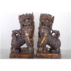 [CHINESE]A PAIR OF LATE 19TH CENTURY GILT WOOD CARVED FU DOGS L:7" W:4.75" H:12.5"