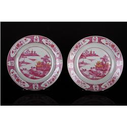 [CHINESE]A PAIR OF LATE 19TH CENTURY RED GLAZED PORCELAIN PLATES PAINTED WITH LANDSCAPE W:9" H:1"