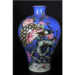 [CHINESE]A "DA QING QIAN LONG NIAN ZHI"MARKED BLUE BASE FAMILLE ROSE PORCELAIN MEI VASE PAINTED WITH