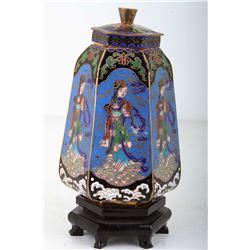 A LATE 19TH CENTURY CLOISONN ENAMEL HEXAGONAL JAR WITH LID PAINTED WITH LADIES W:3" H:4.75"