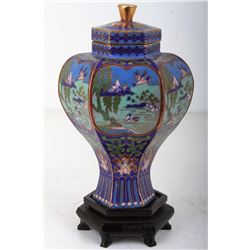 A LATE 19TH CENTURY CLOISONN ENAMEL JAR WITH LID PAITED WITH LANDSCAPE  W:3.25" H:5"