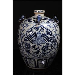 [CHINESE]A LATE 19TH CENTURY BLUE AND WHITE PORCELAIN JAR WITH ELEPHANT SHAPED HANDLE PAINTED WITH P