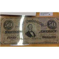 USA; $50.00 note 1864 Confederate States of America serial 23247 in Fine.