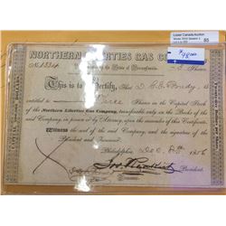 USA; Northern Liberties Gas Company Stock certificate no 1334 from 1856, 3 shares.