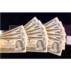 Bank of Canada; $1.00 note 1973, 13 notes with the front upper left Numeral 1 visible on the back al