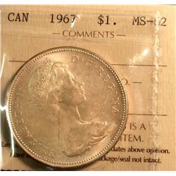 Canada silver one dollar 1967 MS-62, ICCS