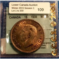 Canada silver dollar 1938 MS-60, CCCS.