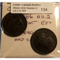 1 cent 1886 obverse 2 EF, 1 cent 1890 EF. Lot of 2 coins.