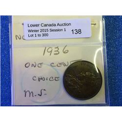 Newfoundland 1936 one cent Brown MS-60 brown